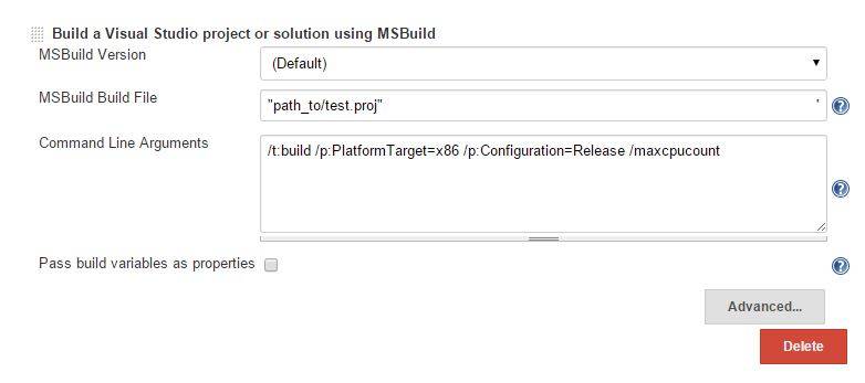 Jenkins MSBuild build-step, with (default) msbuild configuration selected