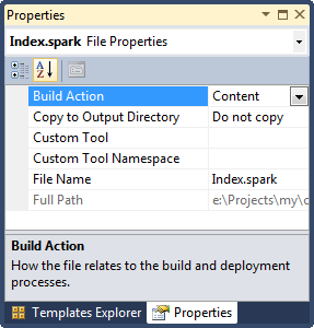 File properties window with "Build Action" and "Copy to Output Directory" settings