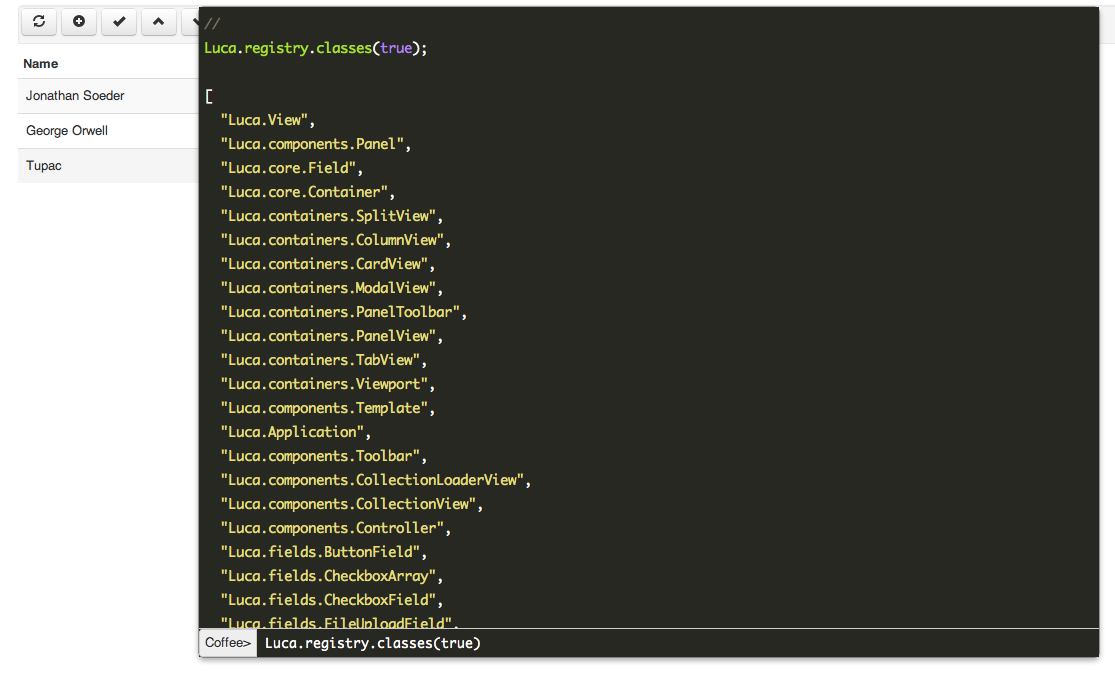 An example of the Luca in browser Development Console powered by CoffeeScript