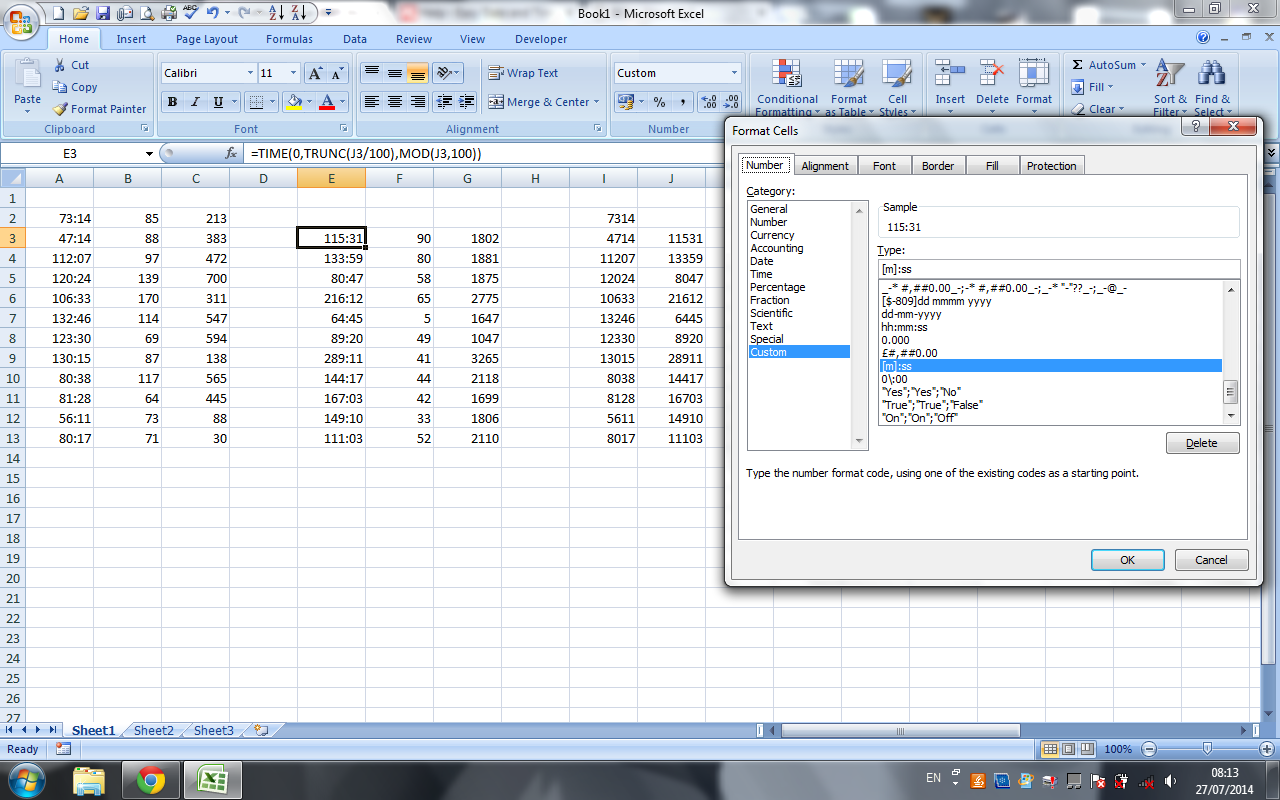 Excel screen shot showing time conversion formula and custom formatting