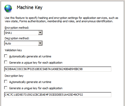 Machine Key configuration page from IIS 7 administration tool