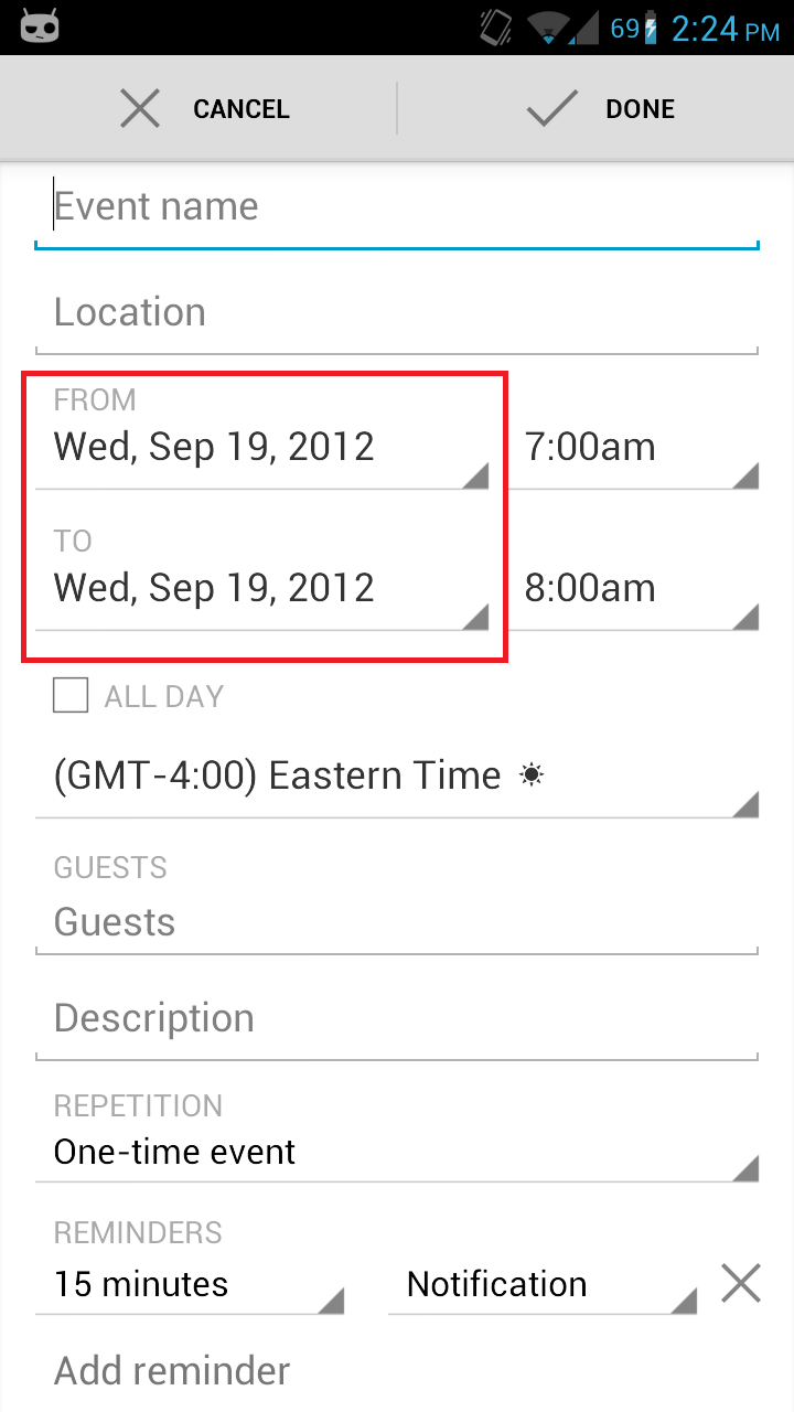 Screenshot of Android calendar app, with the desired GUI element highlighted