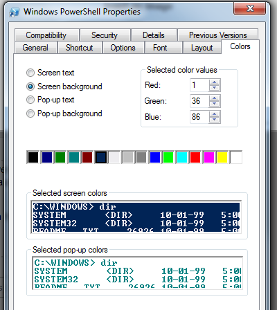 PowerShell shortcut colour settings