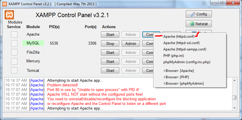 Cliquez sur Apache (httpd.conf) dans la nouvelle fenêtre