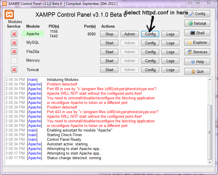 Panneau de configuration XAMPP - > cliquez sur Config pour le module Apache