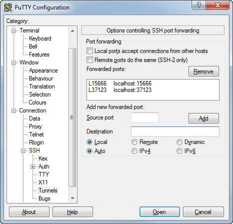 Settings to open an SSL tunnel via Putty