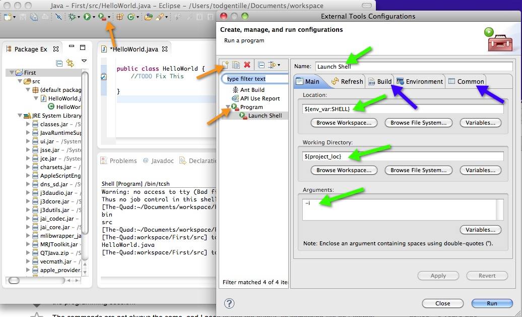 screenshot from Mac of external tools configuration dialog with colored arrows