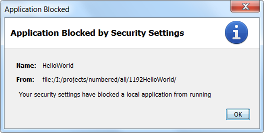 Dialog: Your security settings have blocked a local application from running