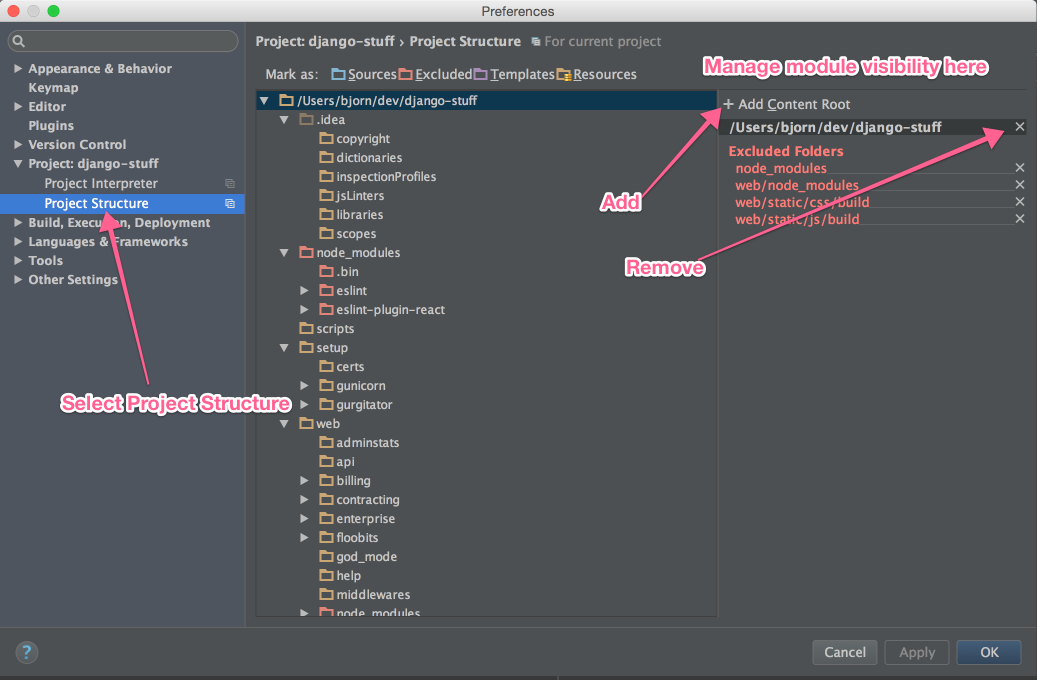 Project Structure Settings in Pycharm 4.5