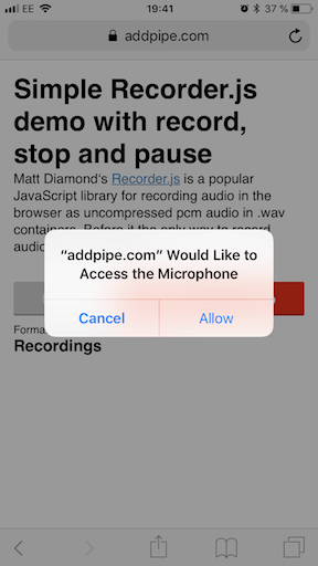 Clicking Record prompts the user to allow microphone access