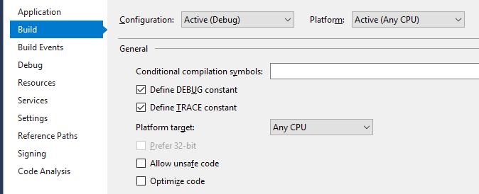 Define DEBUG constant in Project Build Properties