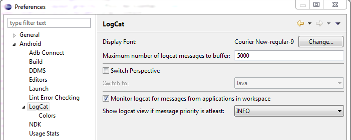 Logcat application output enabling setting