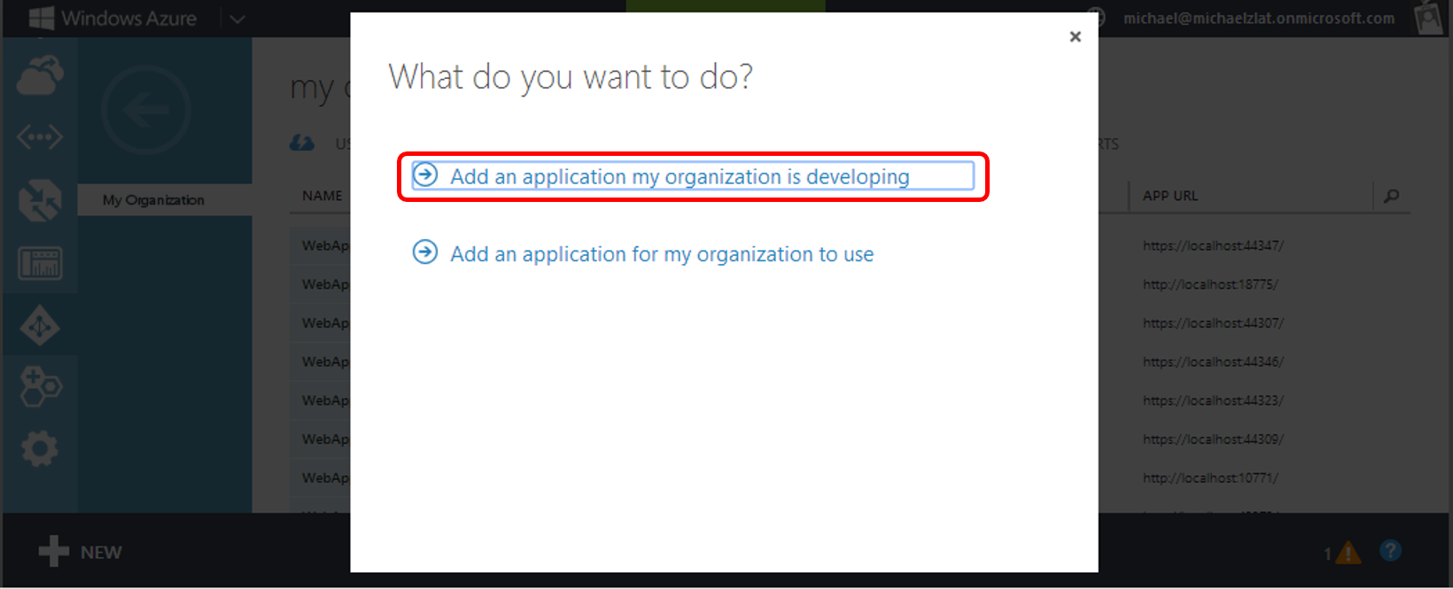 Choisissez " Ajouter une application que mon organisation développe"