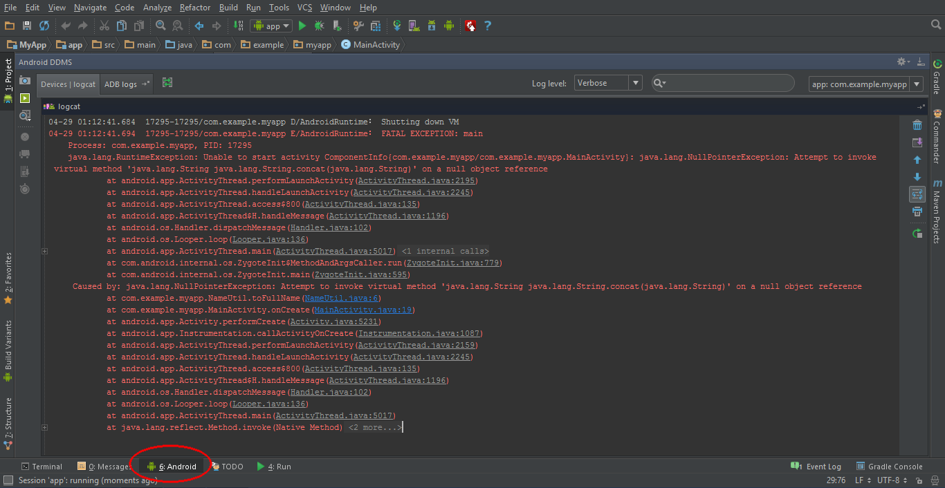 Finding the stack trace in Android Studio