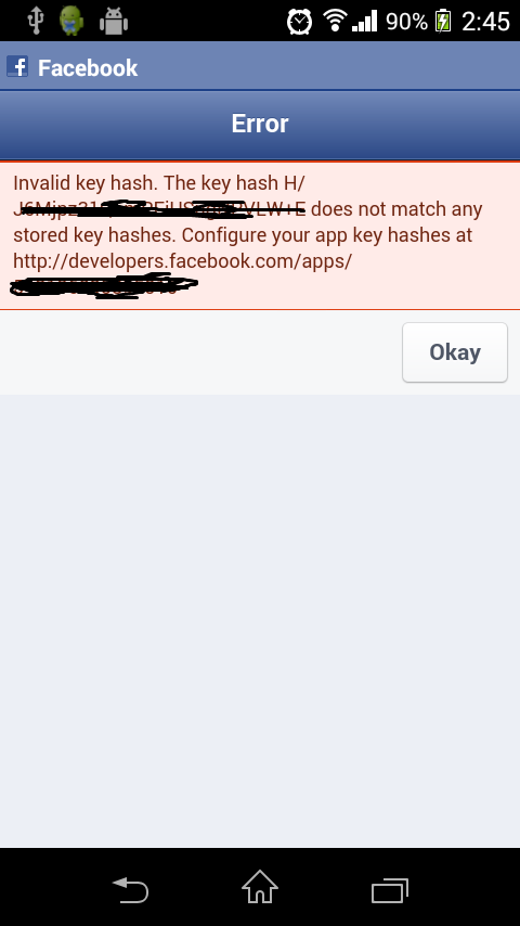 screen-shot of invalid key hash error facebook