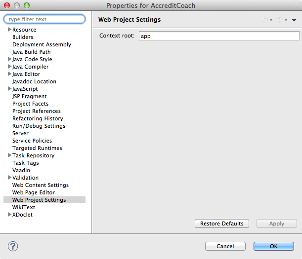 screen shot of Eclipse project properties Web Project Settings