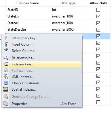 From sql server right click on the table design select Indexes/Keys