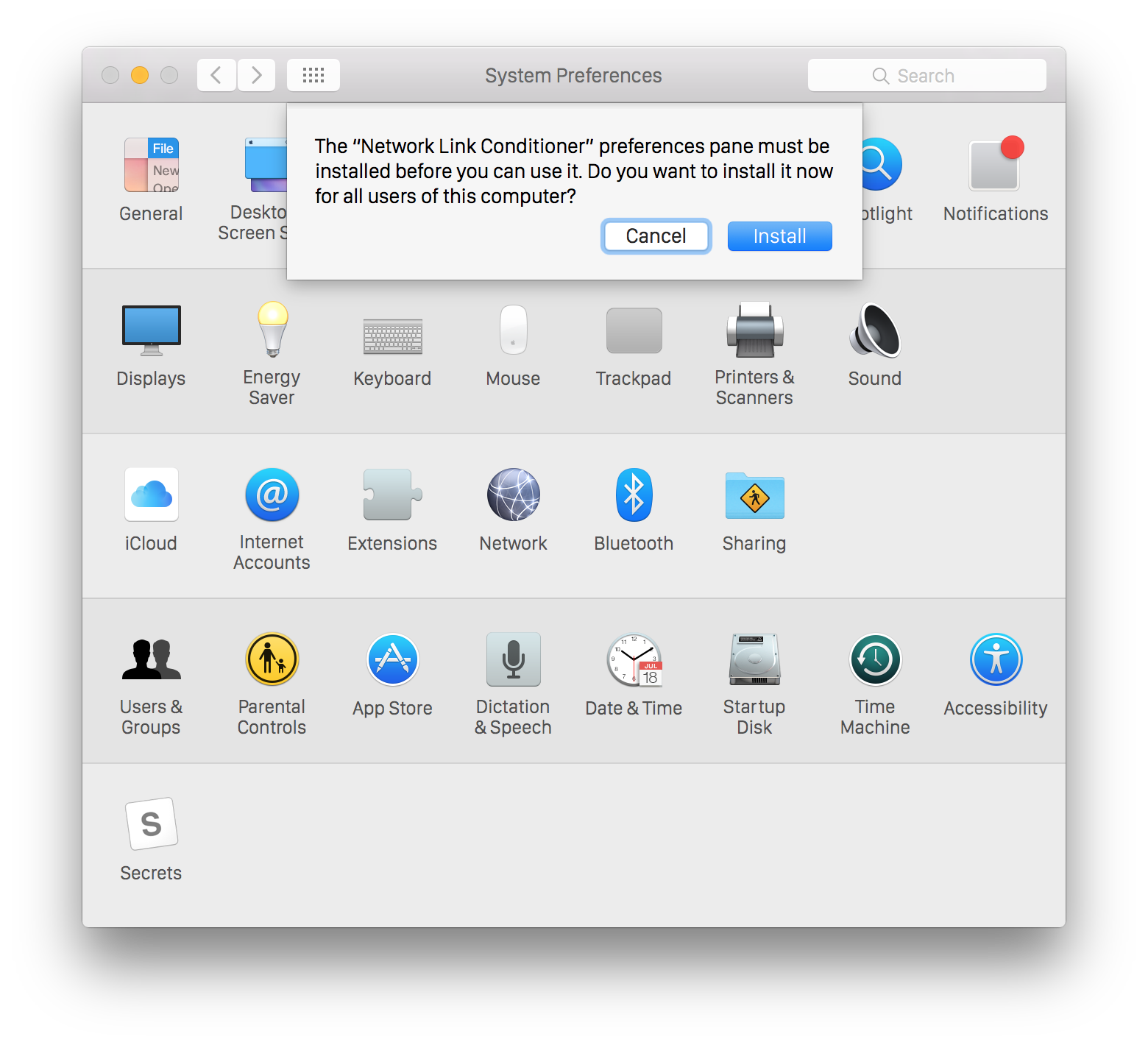 system preferences showing installation prompt