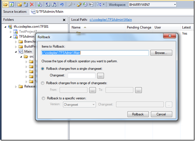 Ensemble de modifications de restauration dans L'interface utilisateur pour TFS 2010