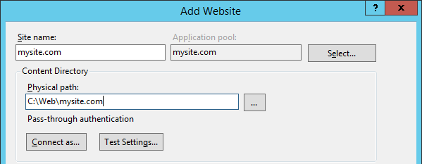 Add website IIS manager window