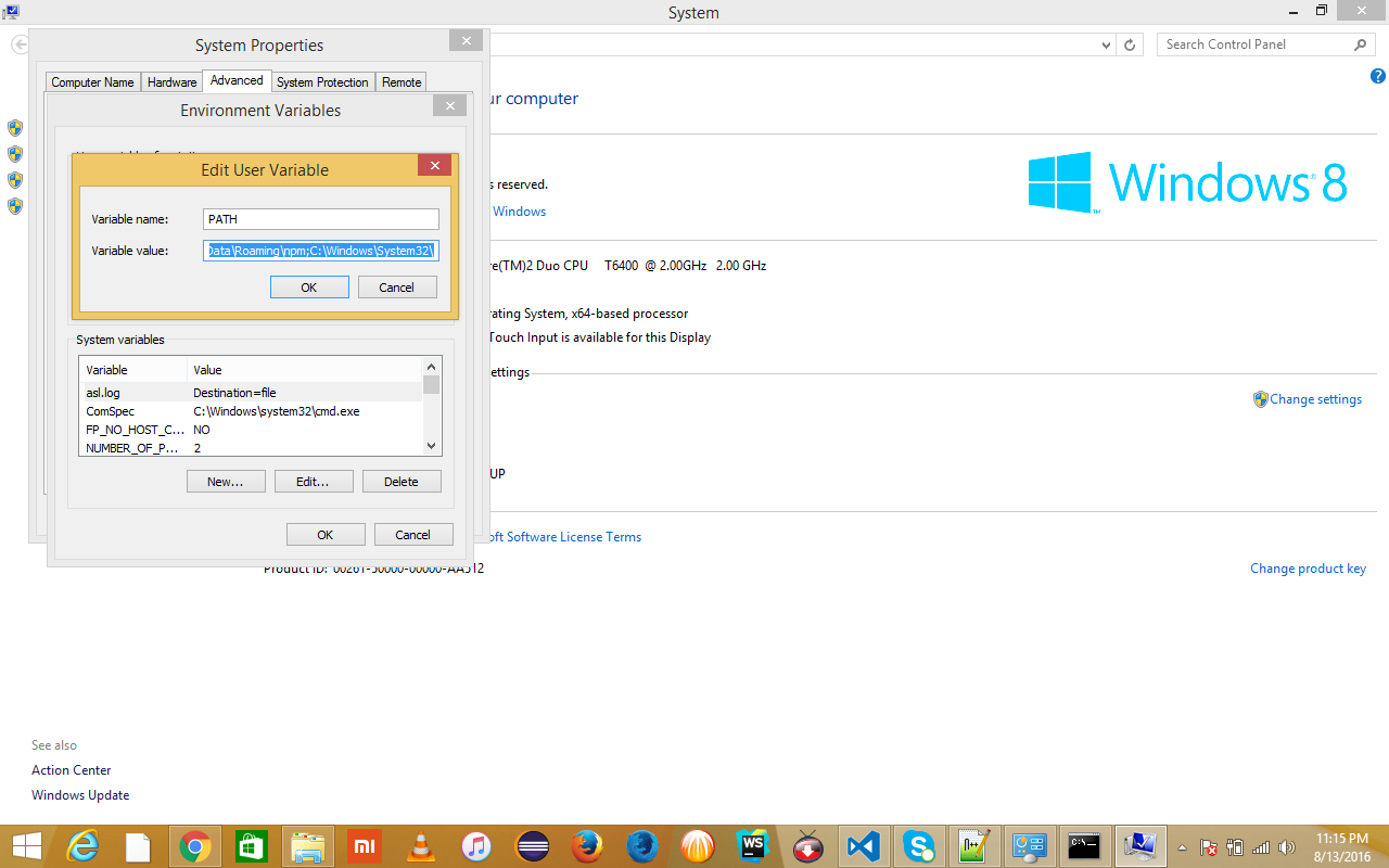 Windows 8 Environment variables screenshot
