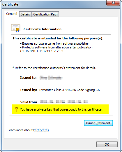 Property dialog for certificate