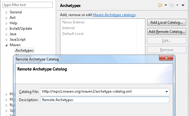 Image showing "Remote Archetype Catalog" modal window