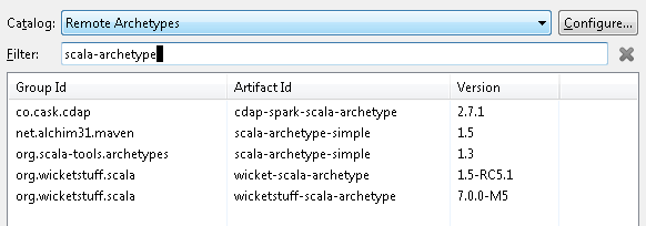 Image showing "scala-archetype" entry in the dialog