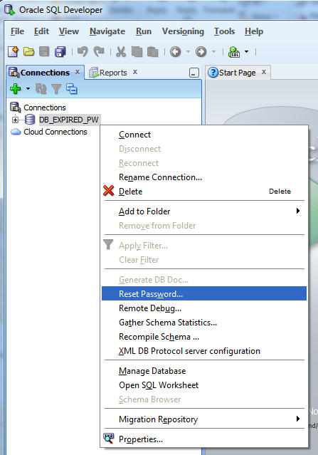 SQL Developer: Drop Down menu showing reset password option