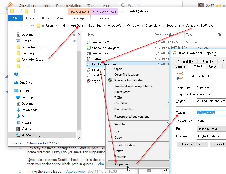 Utilisateur naviguant vers le dossier Anaconda3 (dans Windows; dans AppData), éditant les propriétés du raccourci" Jupyter Notebook", pour changer sa commande "Start in" pour pointer vers un répertoire où vous voulez que Jupyter démarre