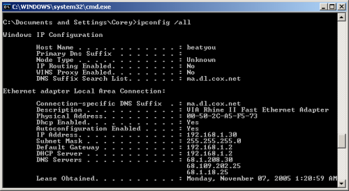 ipconfig/all -- Windows screenshot