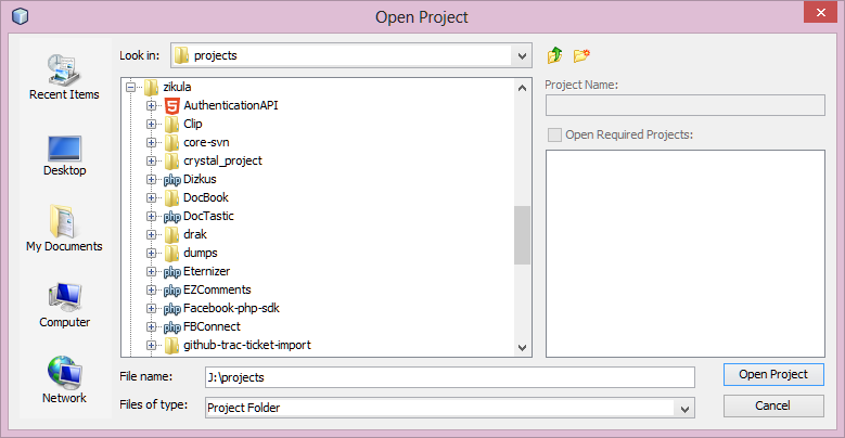 default Open Project dialog (Windows)