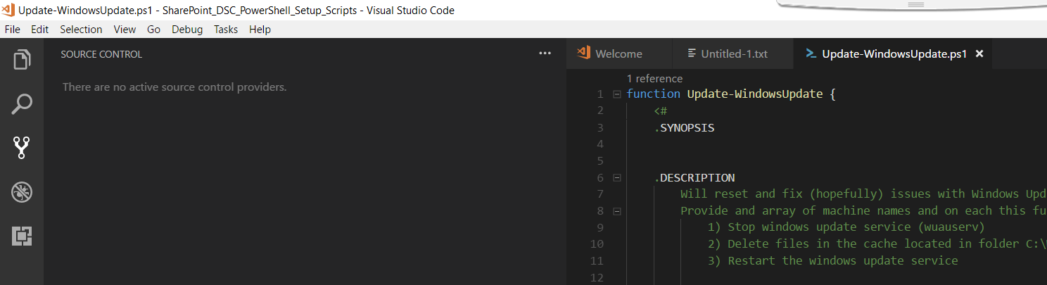 Visual Studio Code, displaying “No source control providers”