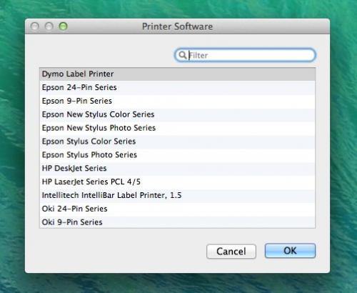Printer Software dialog box, with only 16 options