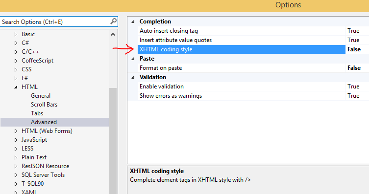 Complete element tags in XHTML style with /