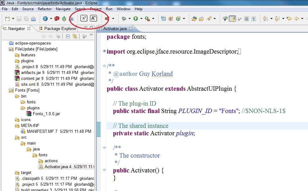 Eclipse screen capture with the font size toolbar buttons circled