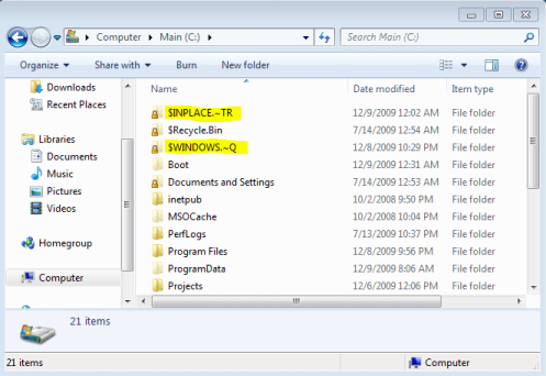 Screenshot of C: showing $WINDOWS.~Q and $INPLACE.~TR folders highlighted