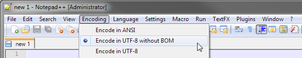 Screenshot of the Notepad++ Menubar  Encoding  Encode in UTF-8 without BOM menu in Notepad++ v6.7.9.2