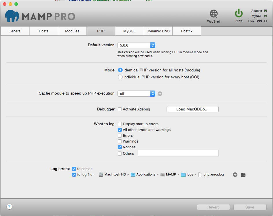 Disabling Xdebug in MAMP Pro