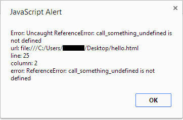 Alerte Javascript montrant des informations d'erreur détaillées par la fenêtre.événement onerror